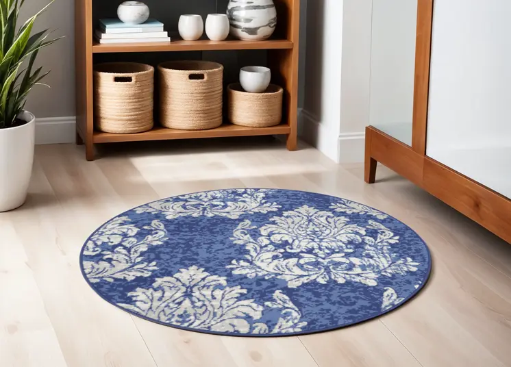 5' Navy Blue and Ivory Damask Distressed Round Rug