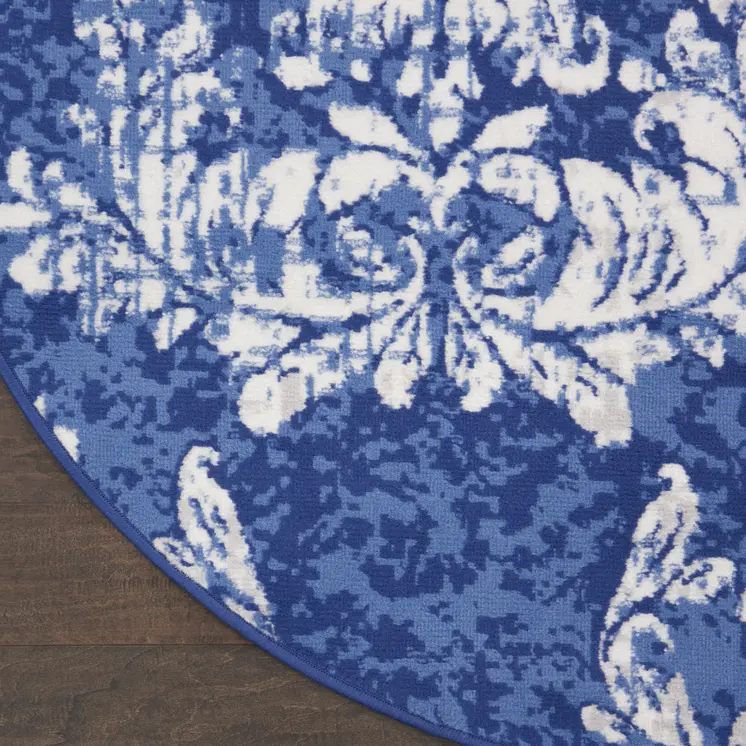 5' Navy Blue and Ivory Damask Distressed Round Rug