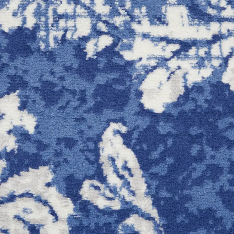5' Navy Blue and Ivory Damask Distressed Round Rug