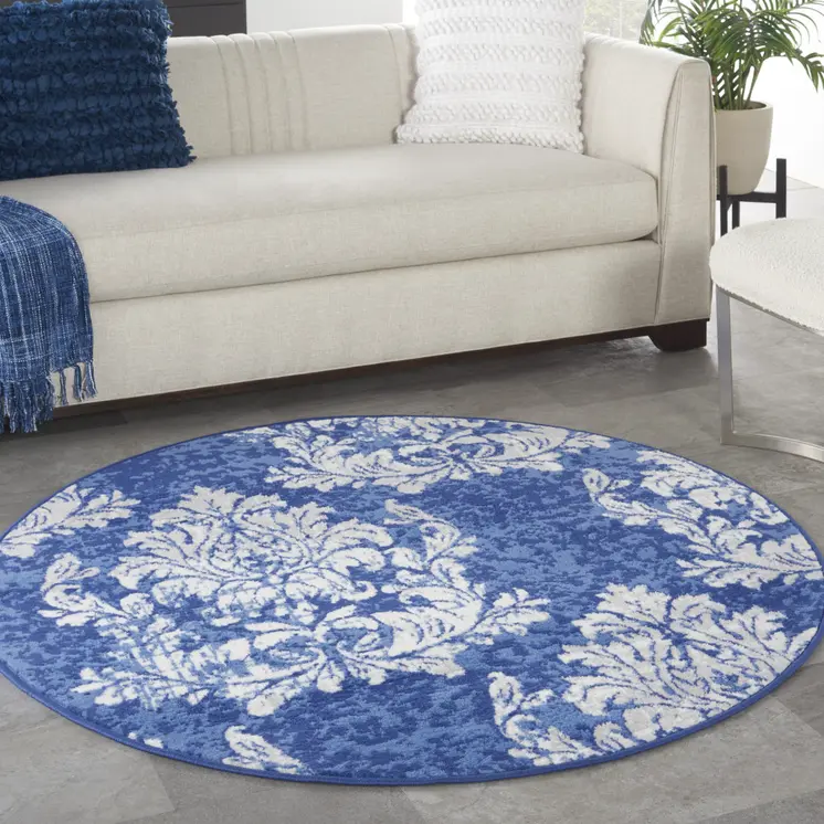 5' Navy Blue and Ivory Damask Distressed Round Rug