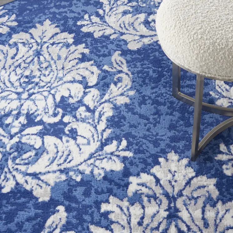5' Navy Blue and Ivory Damask Distressed Round Rug