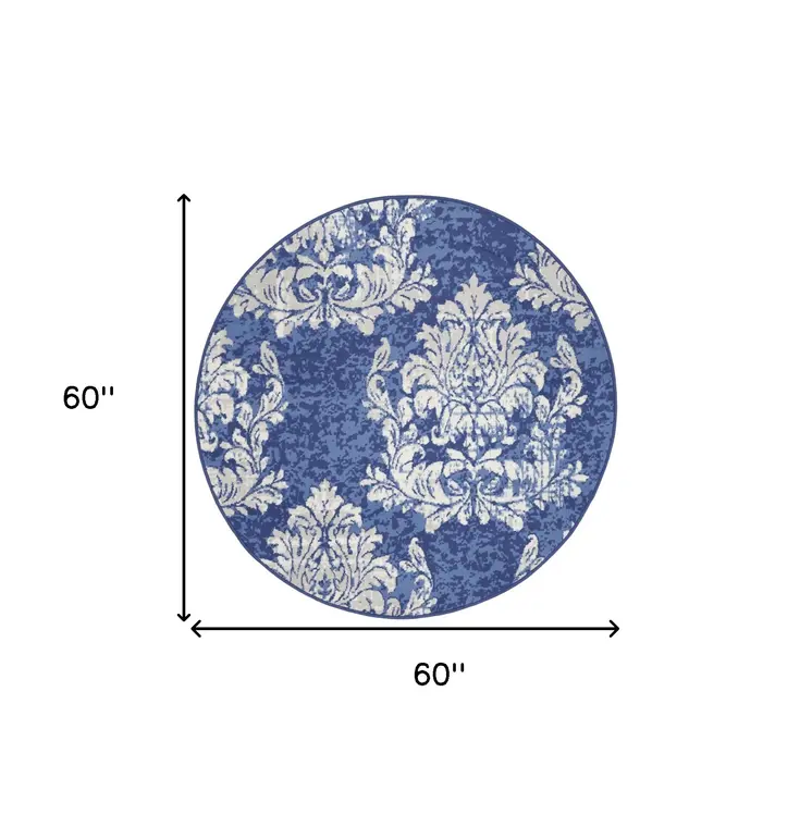 5' Navy Blue and Ivory Damask Distressed Round Rug
