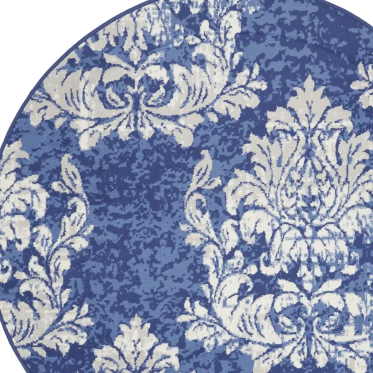 5' Navy Blue and Ivory Damask Distressed Round Rug