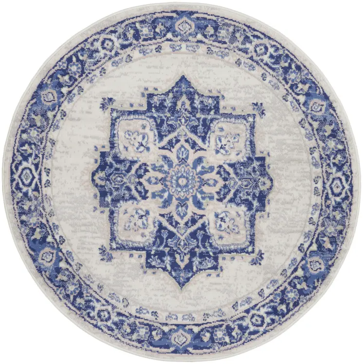 5' Ivory and Blue Floral Round Rug