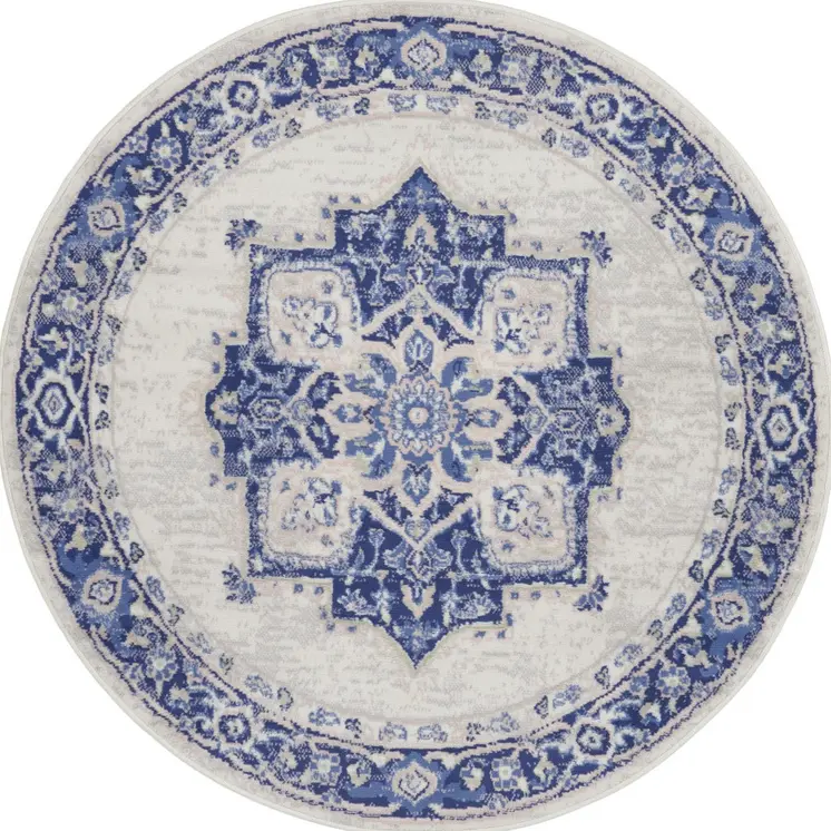5' Ivory and Blue Floral Round Rug