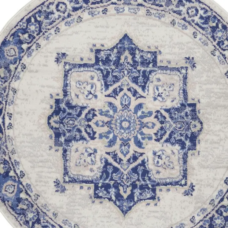 5' Ivory and Blue Floral Round Rug