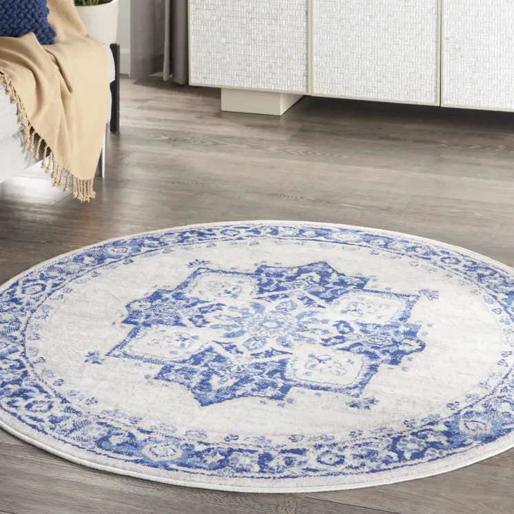5' Ivory and Blue Floral Round Rug