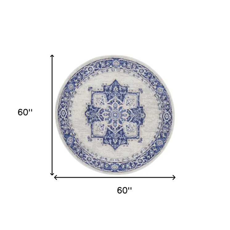 5' Ivory and Blue Floral Round Rug