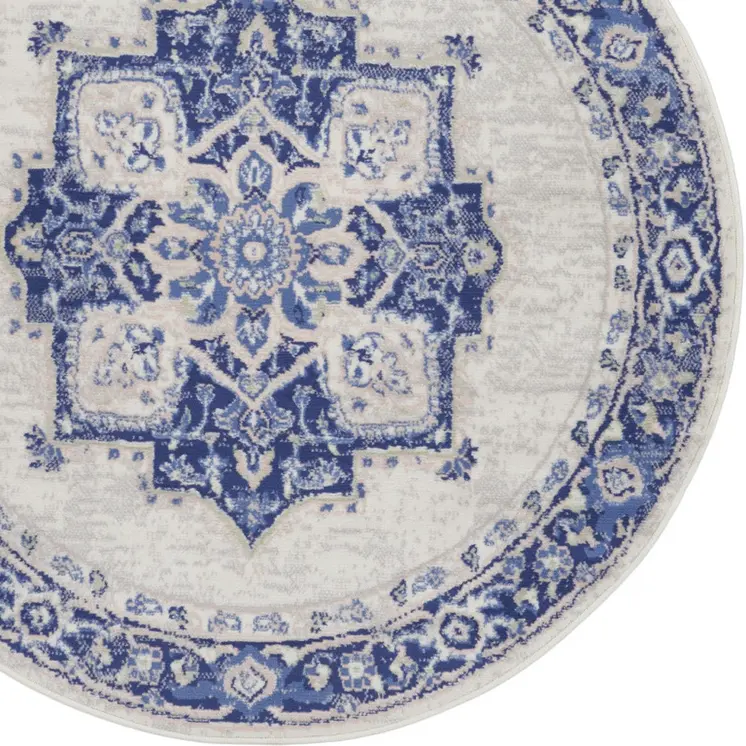 5' Ivory and Blue Floral Round Rug