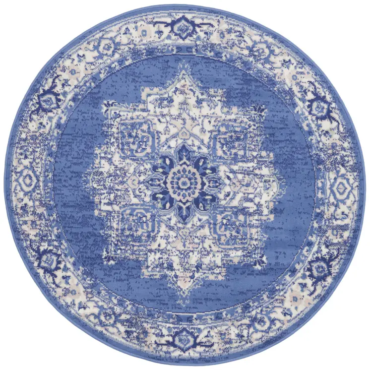 5' Ivory Navy Blue and Beige Floral Medallion Round Rug