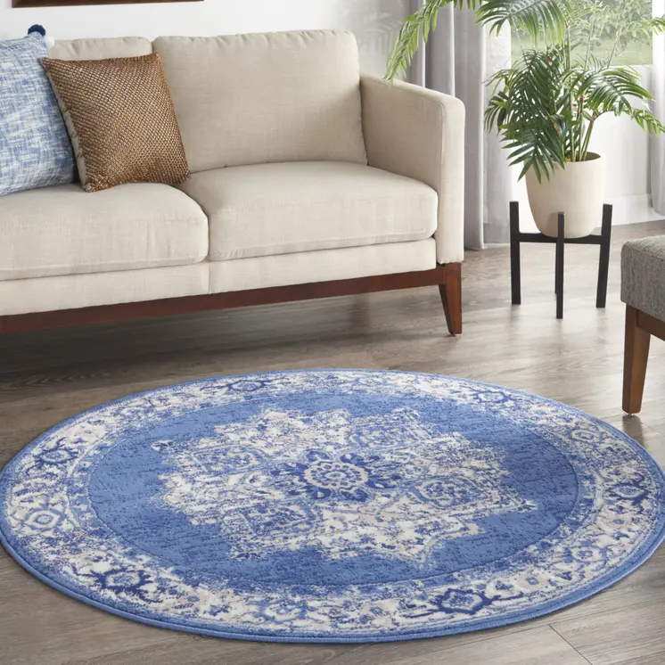 5' Ivory Navy Blue and Beige Floral Medallion Round Rug