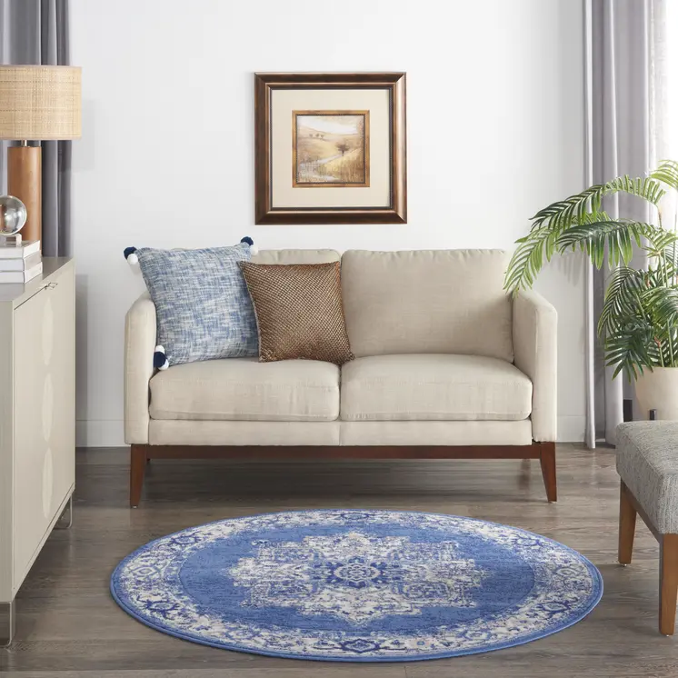 5' Ivory Navy Blue and Beige Floral Medallion Round Rug