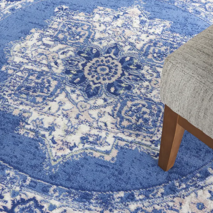 5' Ivory Navy Blue and Beige Floral Medallion Round Rug