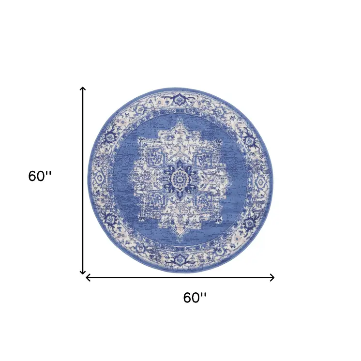 5' Ivory Navy Blue and Beige Floral Medallion Round Rug
