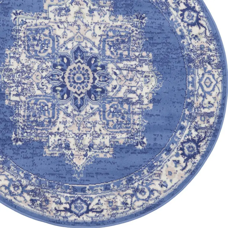 5' Ivory Navy Blue and Beige Floral Medallion Round Rug