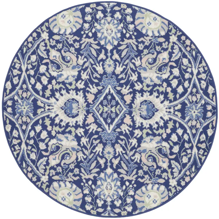 5' Navy Blue Ivory and Beige Floral Round Rug