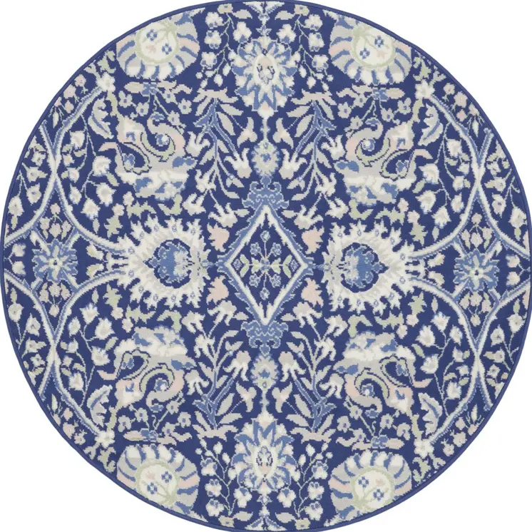 5' Navy Blue Ivory and Beige Floral Round Rug