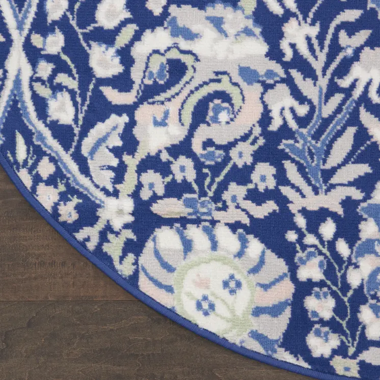 5' Navy Blue Ivory and Beige Floral Round Rug