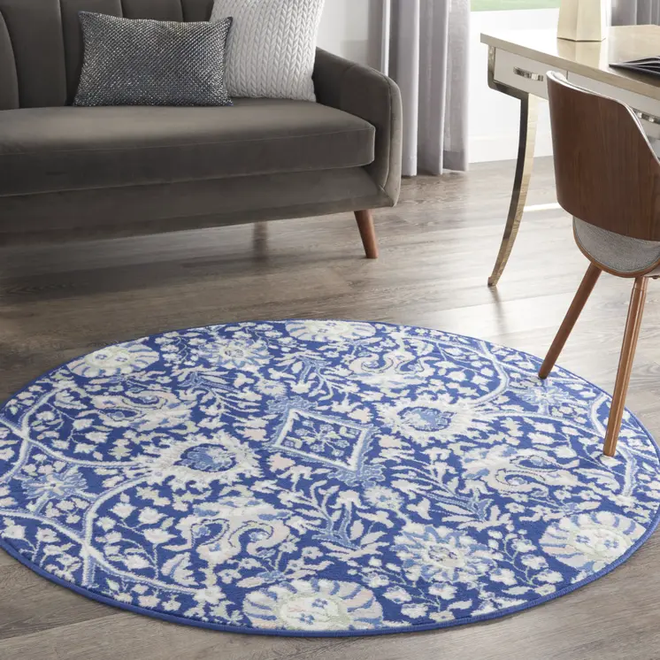 5' Navy Blue Ivory and Beige Floral Round Rug