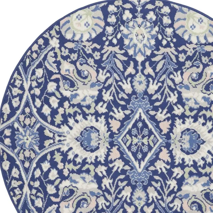 5' Navy Blue Ivory and Beige Floral Round Rug
