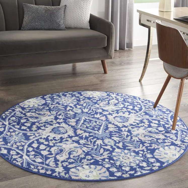 5' Navy Blue Ivory and Beige Floral Round Rug