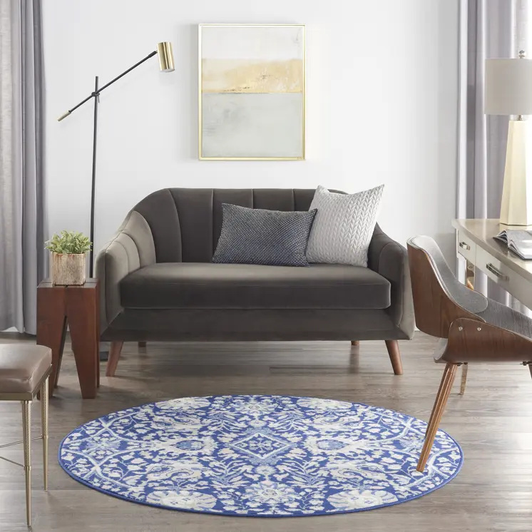5' Navy Blue Ivory and Beige Floral Round Rug