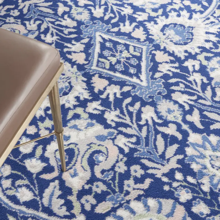 5' Navy Blue Ivory and Beige Floral Round Rug