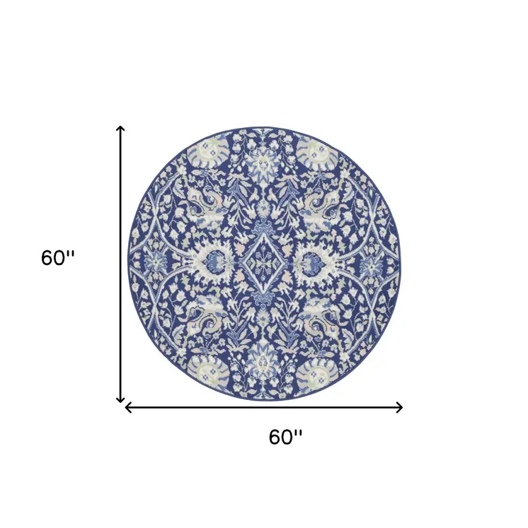 5' Navy Blue Ivory and Beige Floral Round Rug