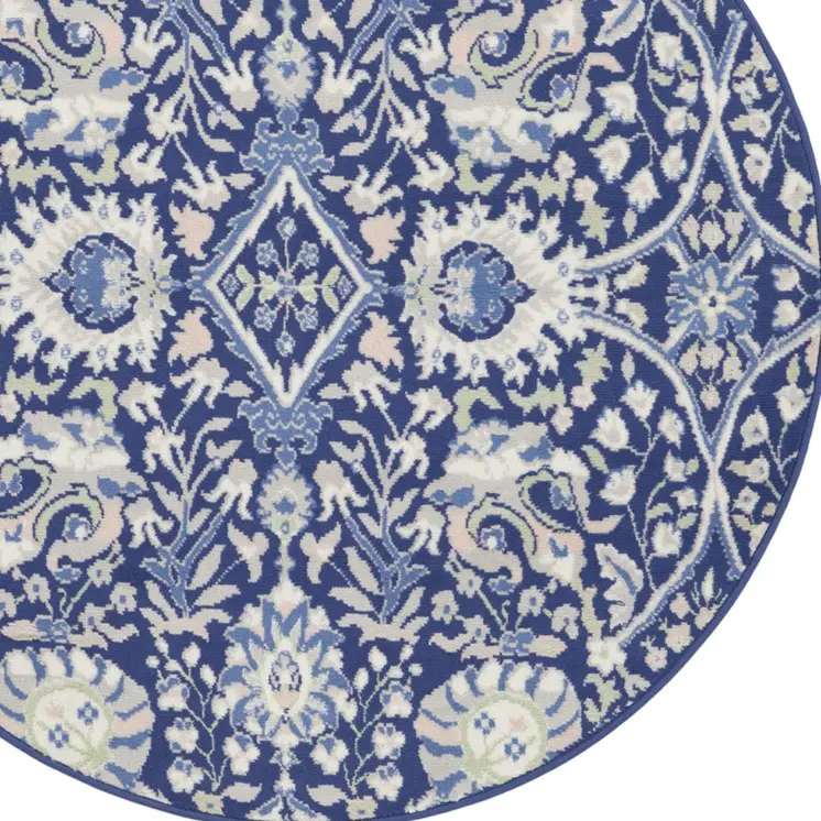 5' Navy Blue Ivory and Beige Floral Round Rug