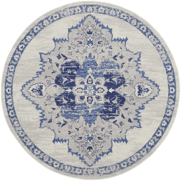 5' Ivory and Blue Floral Medallion Round Rug
