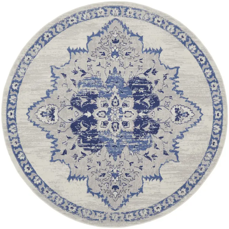5' Ivory and Blue Floral Medallion Round Rug