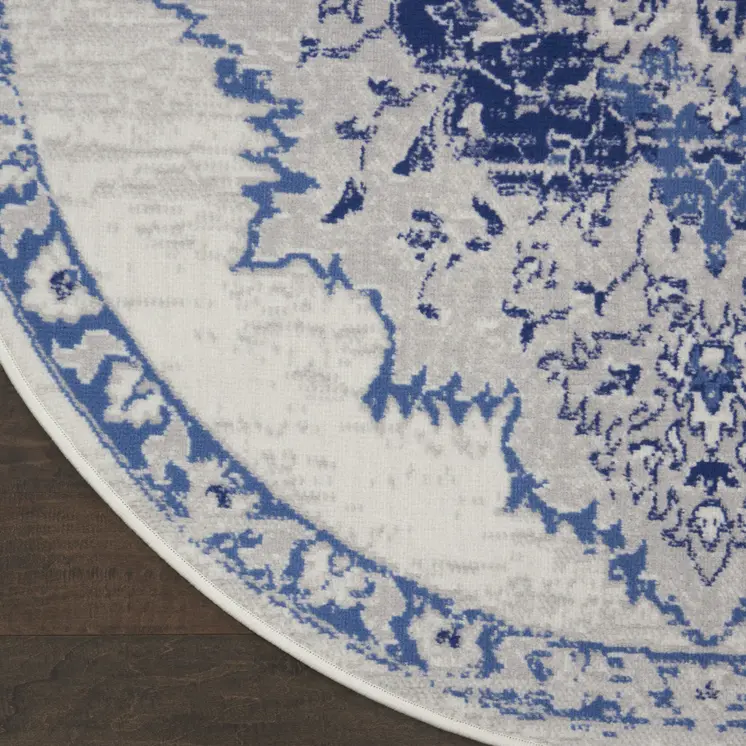 5' Ivory and Blue Floral Medallion Round Rug