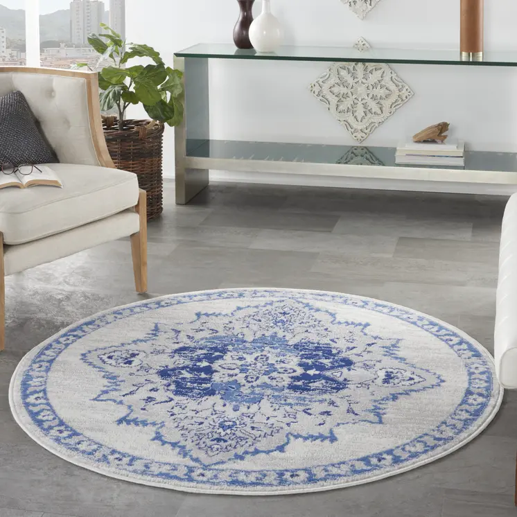 5' Ivory and Blue Floral Medallion Round Rug