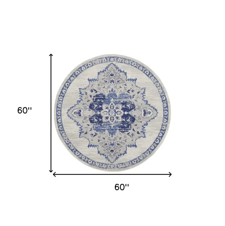 5' Ivory and Blue Floral Medallion Round Rug