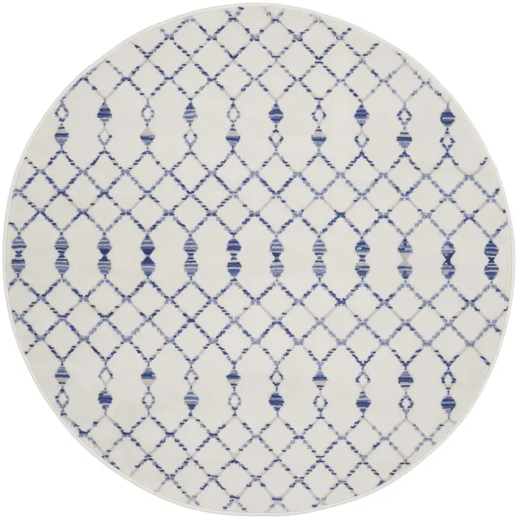 5' Ivory and Blue Geometric Round Rug