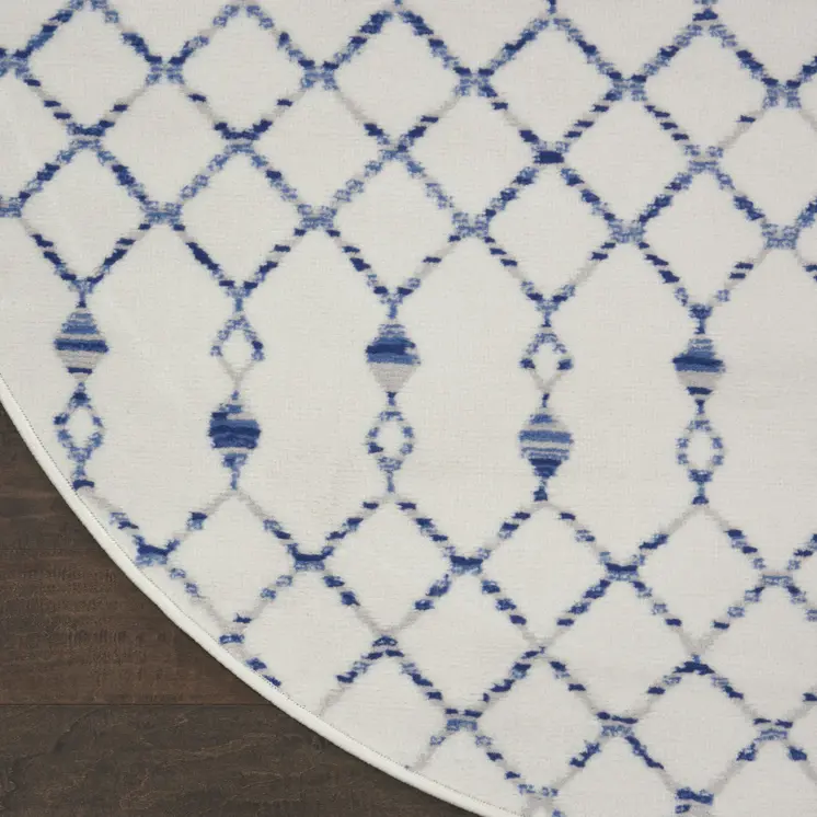 5' Ivory and Blue Geometric Round Rug