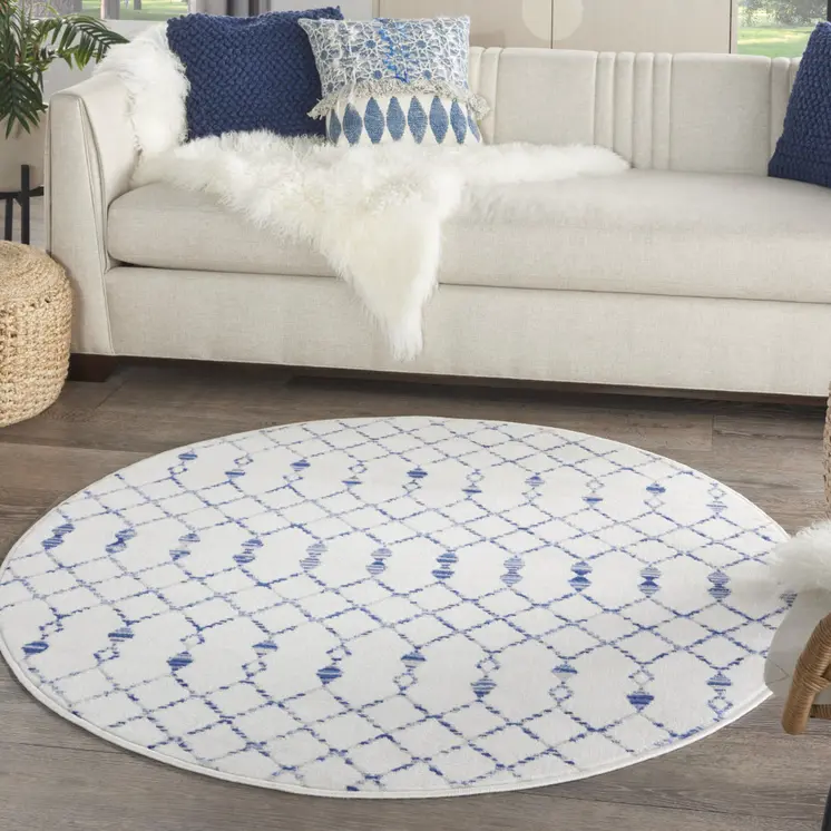 5' Ivory and Blue Geometric Round Rug