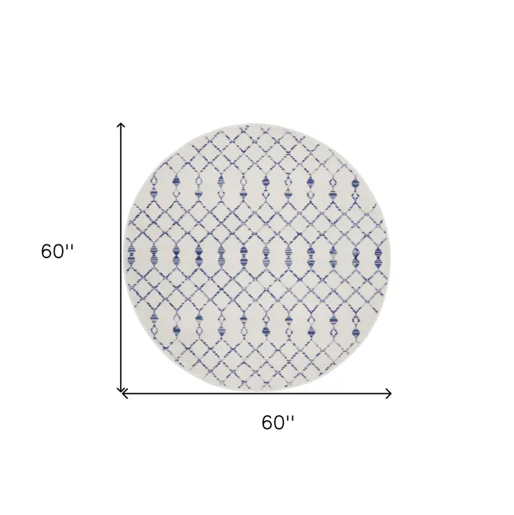 5' Ivory and Blue Geometric Round Rug