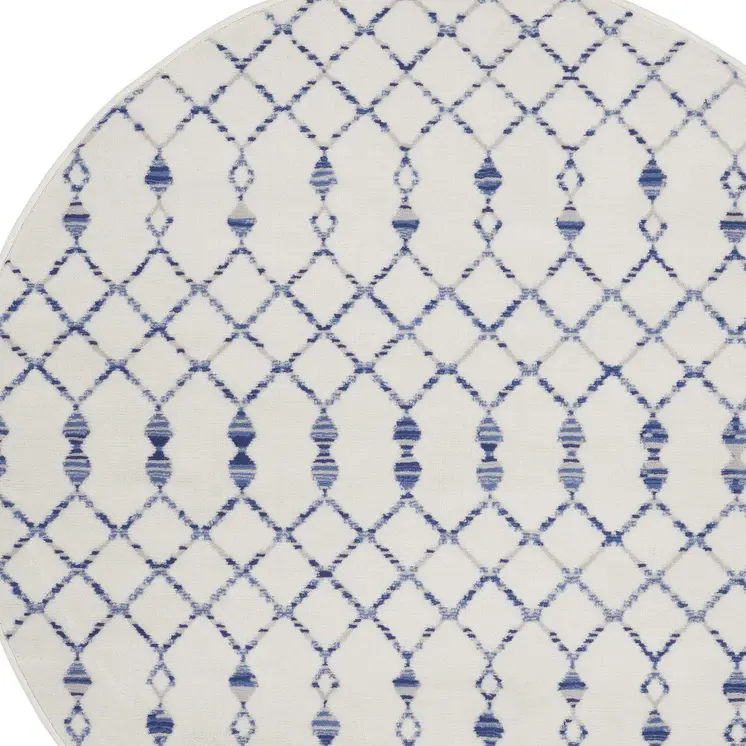 5' Ivory and Blue Geometric Round Rug