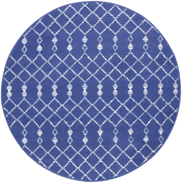 5' Navy Blue and Ivory Geometric Round Rug