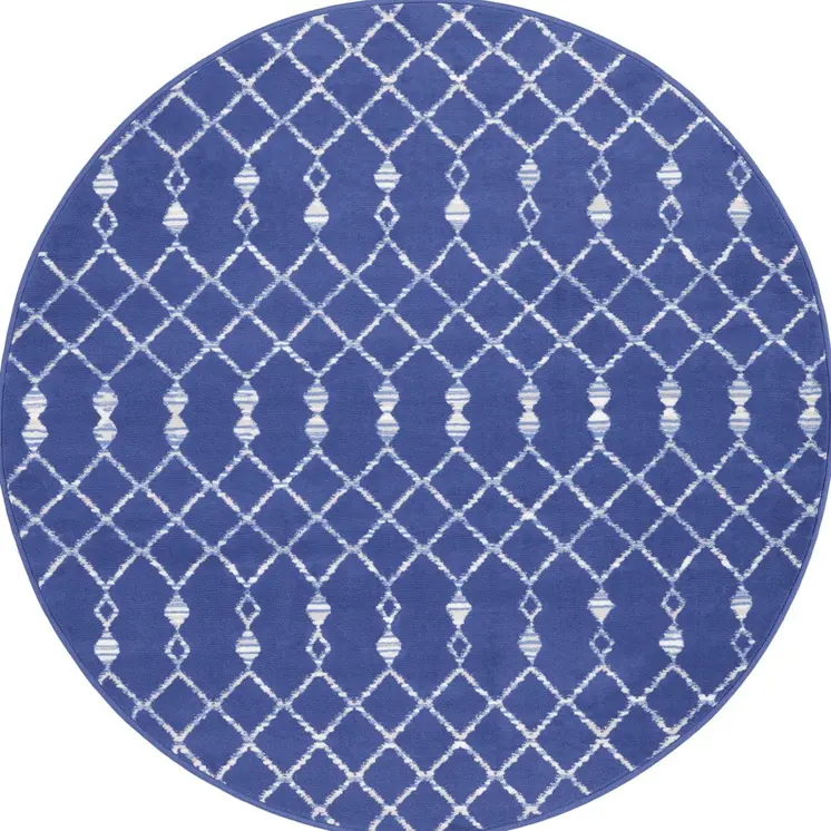 5' Navy Blue and Ivory Geometric Round Rug