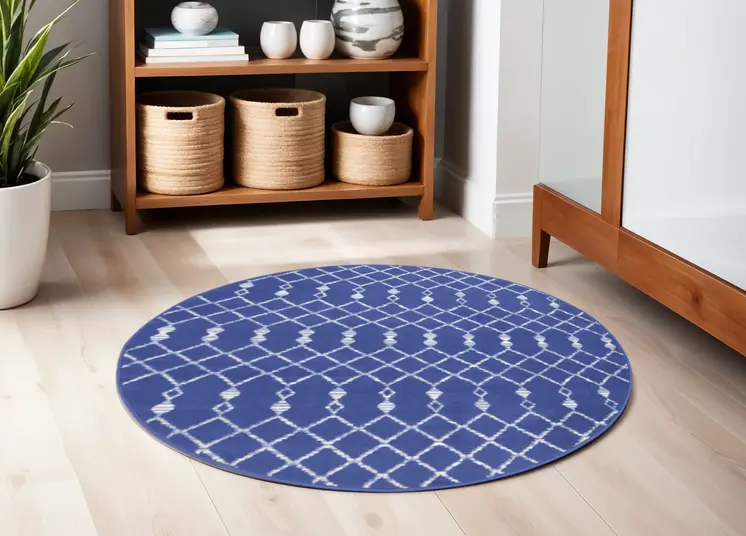 5' Navy Blue and Ivory Geometric Round Rug