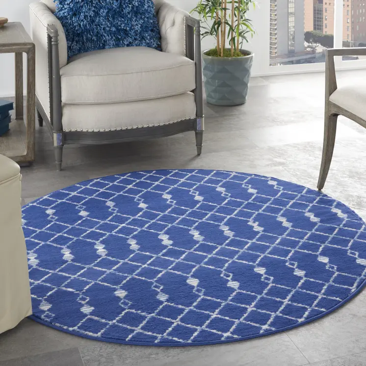5' Navy Blue and Ivory Geometric Round Rug