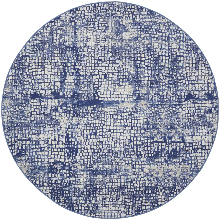 5' Navy Blue and Ivory Geometric Round Rug