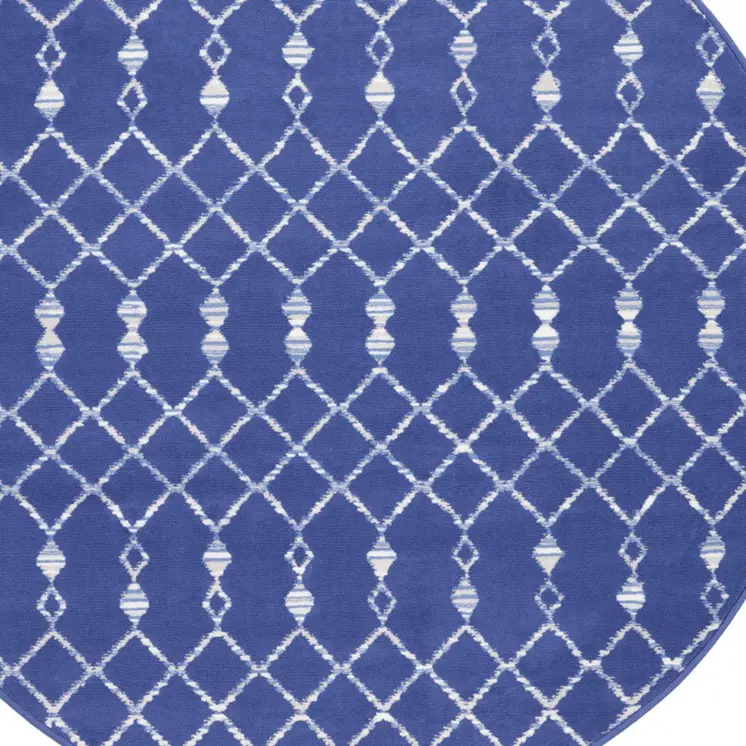5' Navy Blue and Ivory Geometric Round Rug