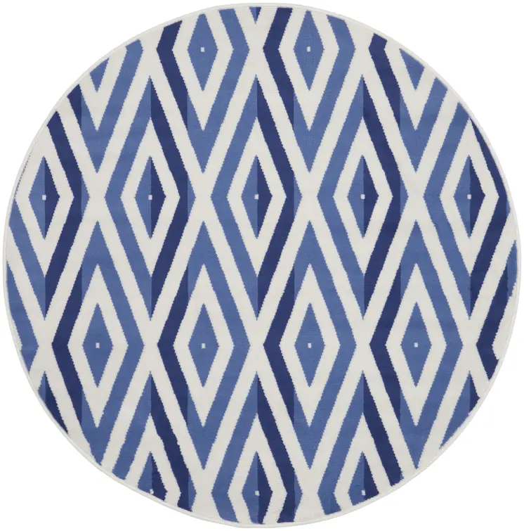 5' Ivory and Blue Geometric Round Rug