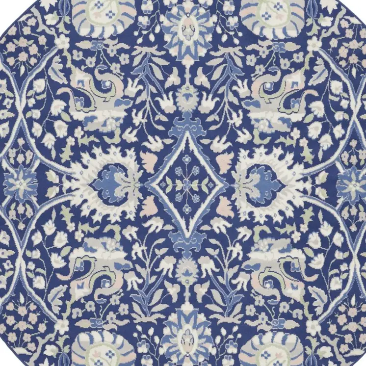 5' Ivory and Blue Geometric Round Rug