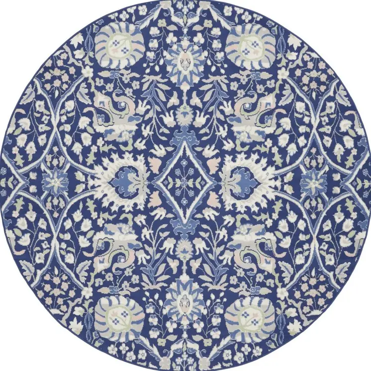 5' Ivory and Blue Geometric Round Rug