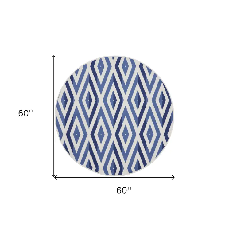 5' Ivory and Blue Geometric Round Rug