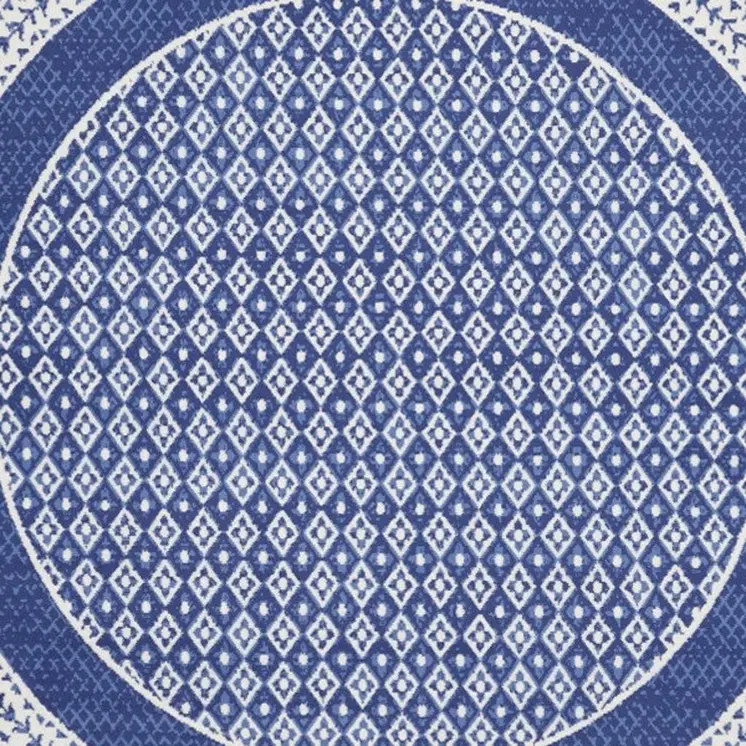 5' Ivory and Navy Blue Geometric Distressed Round Rug